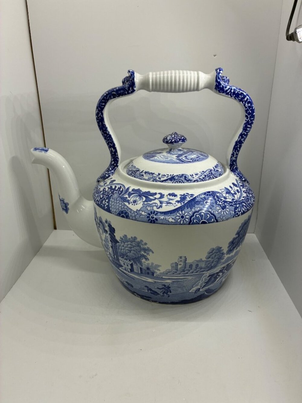 Spode Blue Italian Porcelain Very Large Tea Kettle 160 Oz.